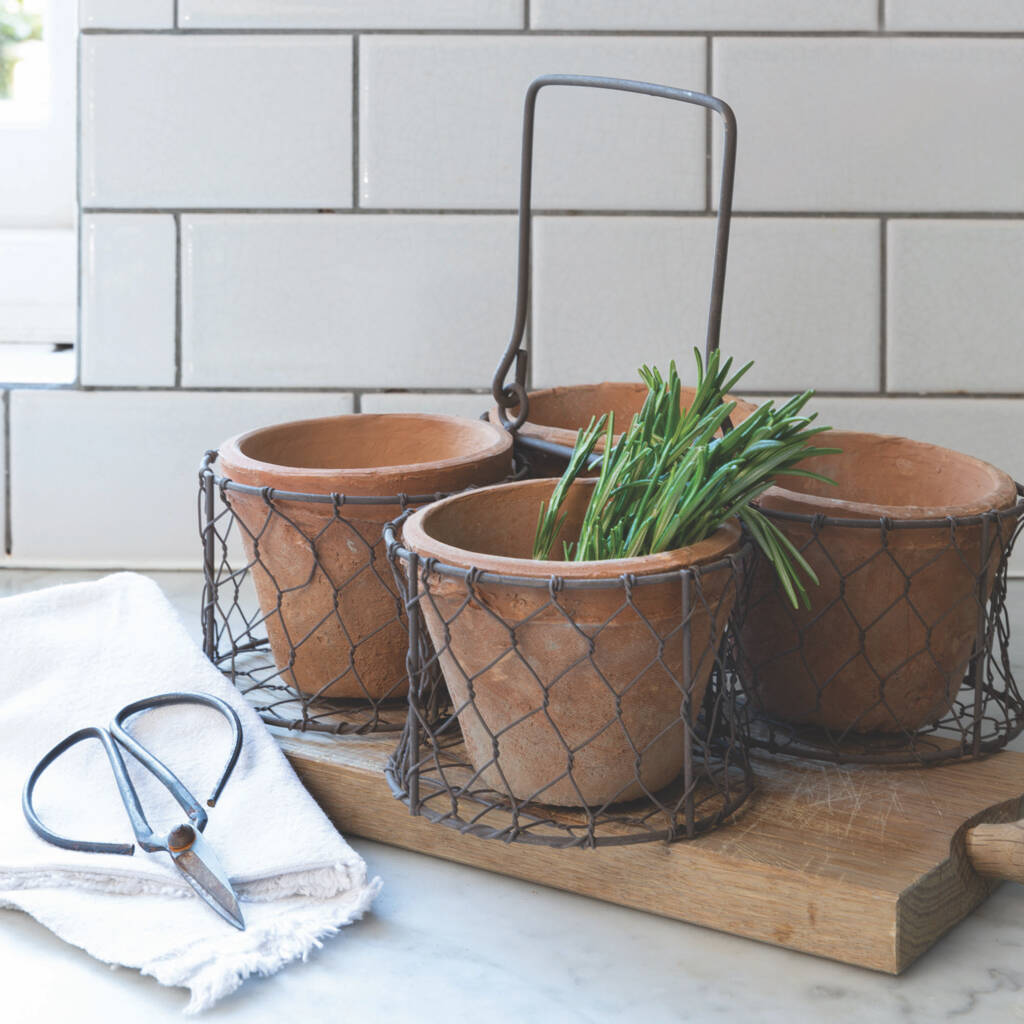 Wire Basket With Four Terracotta Pots, 1 of 2