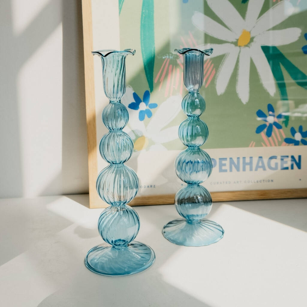 70s Vintage Style Blue Tablescape Glass Candle Holder, 1 of 4