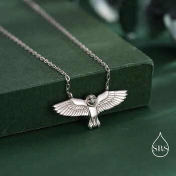Flying Barn Owl Pendant Necklace In Sterling Silver, 7 of 12