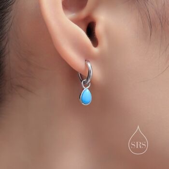 Sterling Silver Blue Turquoise Droplet Hoop Earrings, 2 of 9