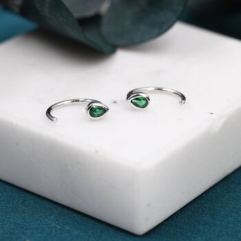 Emerald Green Cz Droplet Huggie Hoop Earrings, 4 of 11