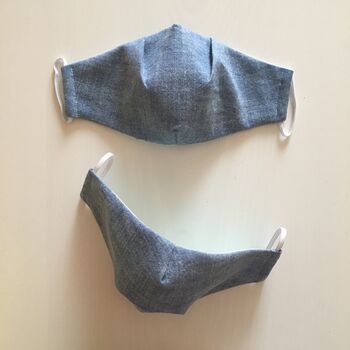 Upcycled Silk Lined Blue Cotton Chambray Face Mask, 2 of 11
