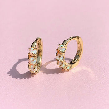 Opal Huggies / Gold Plated Mini Hoop Opal Earrings, 3 of 4