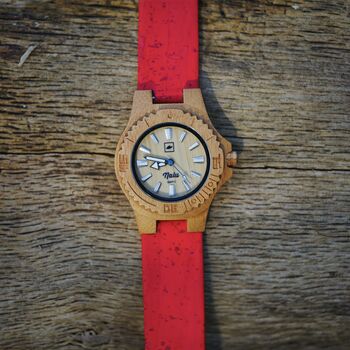 Nalu Small Bamboo Watch With Red Cork Strap, 3 of 10