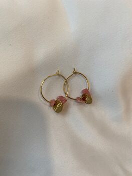 Gold Love Charm Rose Quartz Hoop Earrings, 2 of 6