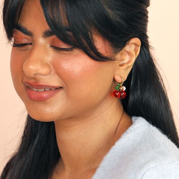 Stainless Steel Cherry Charm Huggie Hoop Earrings In Gold Plating, 3 of 4