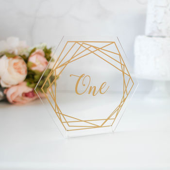 Gold Wedding Table Number On Clear Acrylic Hexagons, 3 of 7