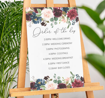 Burgundy Floral Order Of The Day Service Wedding Sign, 2 of 3