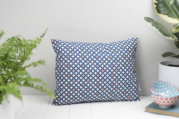 Safiya Feather Cushion, Blue And Orange Geometric, 2 of 2