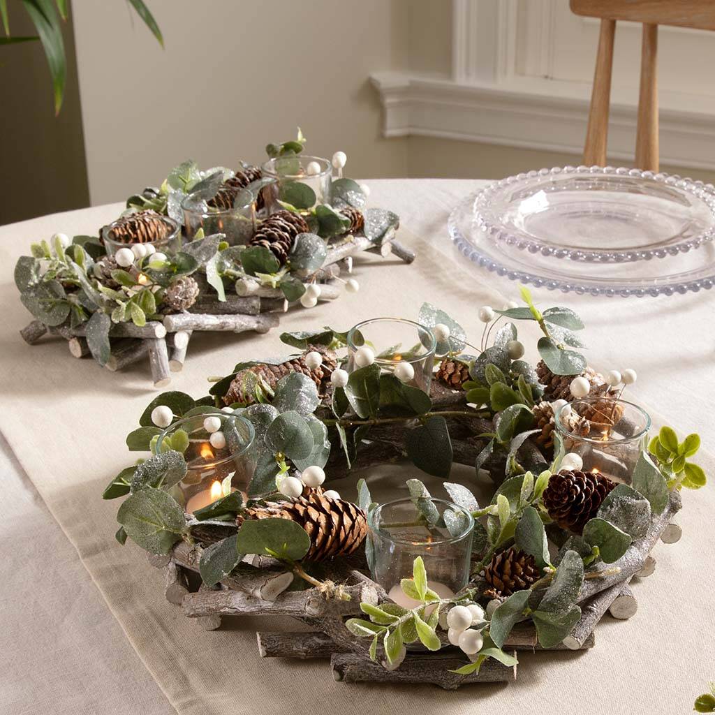 Frosted Eucalyptus Christmas Candle Centrepiece By Dibor