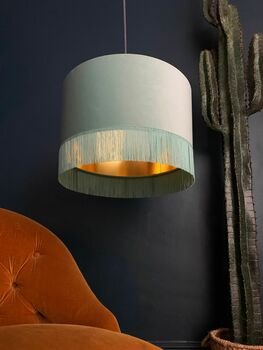 Sea Green Lampshade With Gold Lining And Fringing, 2 of 11