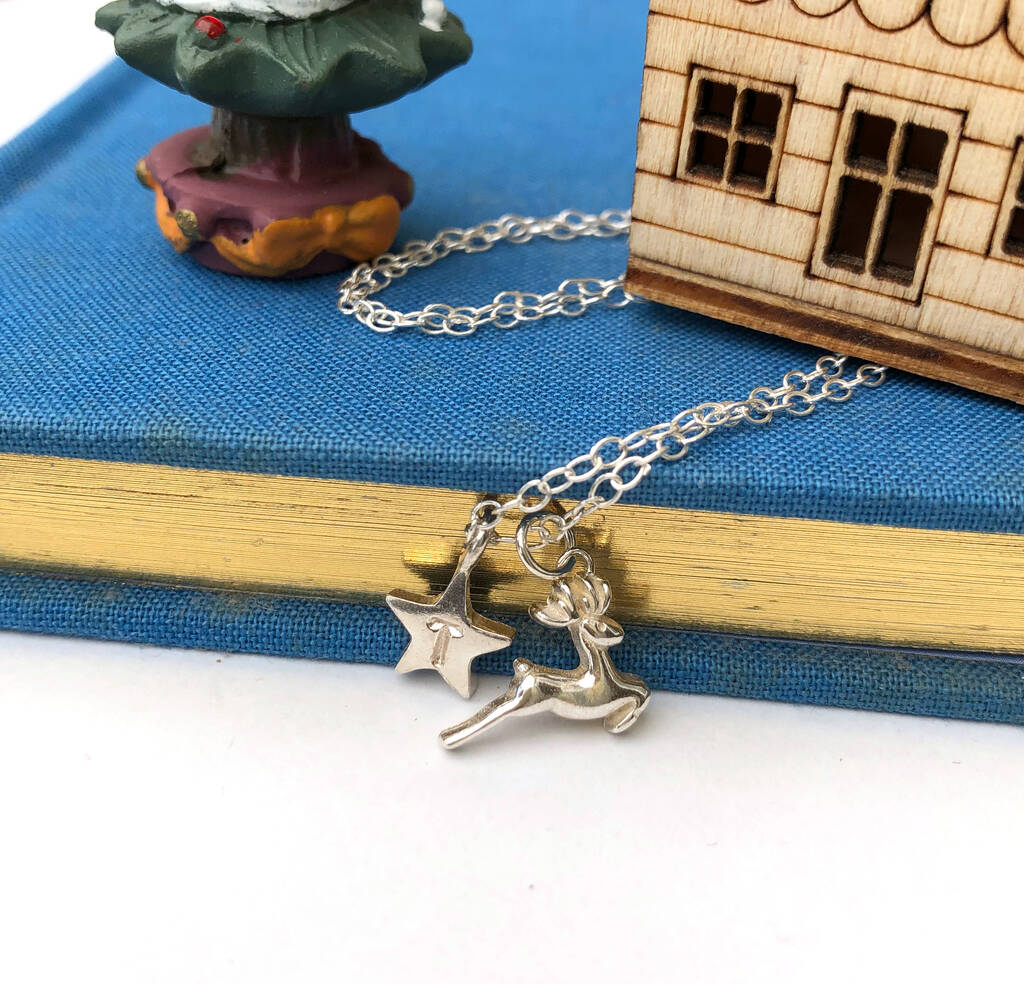Personalised Sterling Silver Reindeer And Initial Star Christmas Necklace, 1 of 11