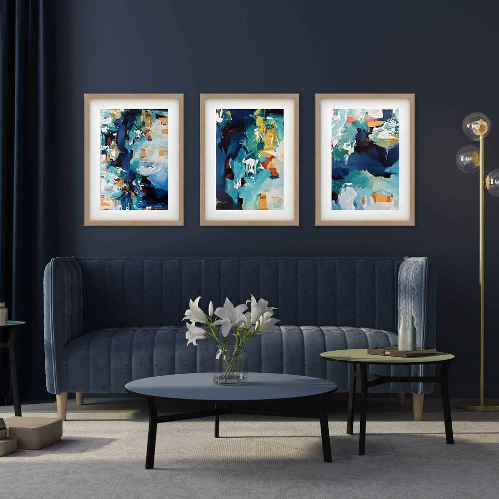 Blue Abstract Wall Art Prints Set Of Three Artwork By