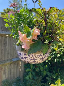 Aged Blue And White Ceramic Hanging Plant Pot Planter, 3 of 5