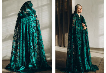 Boho Lace Bridal Cloak With Hood | Emerald Green Wedding Cape, 8 of 12