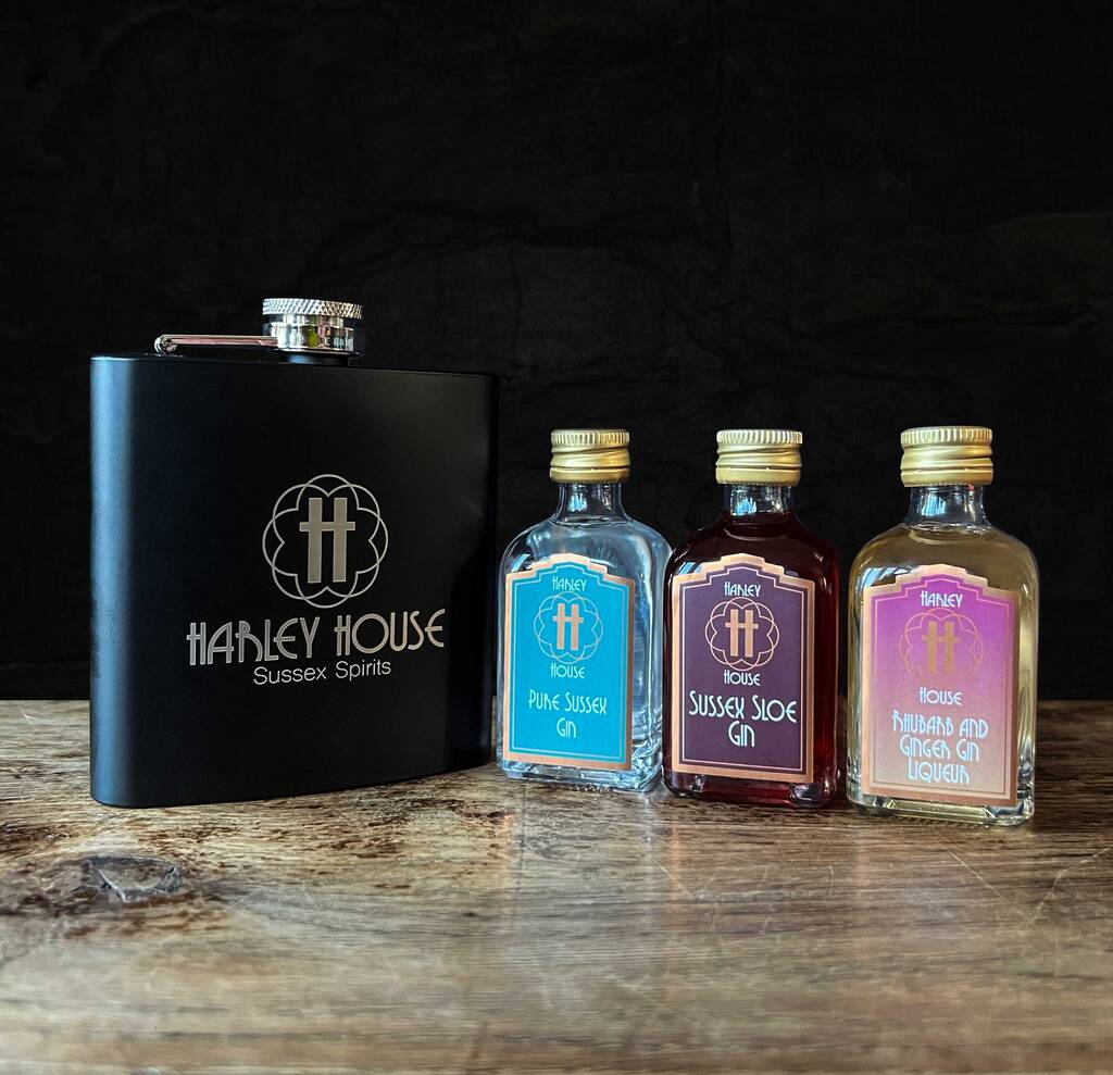 Hip Flask And Three Miniatures Gin Or Rum Gift Set By Harley House