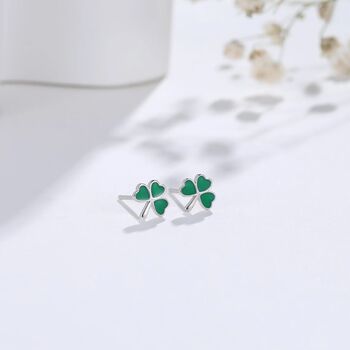 Shamrock Leaf Enamel Stud Earrings In Sterling Silver, 5 of 12
