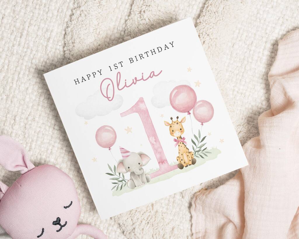Personalised Pink Safari 1st Birthday Card For Girl, 1 of 6