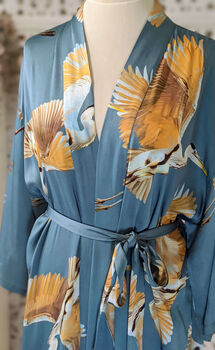 Ladies Luxury Bamboo Silk Kimono Robe Crane Bird Dusk Blue, 3 of 9