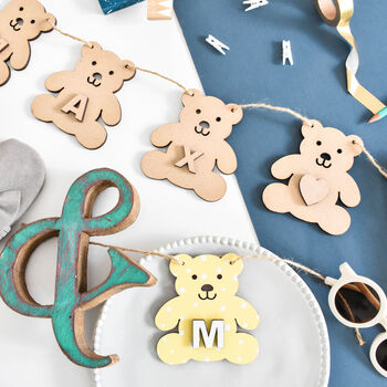 Personalised Wooden Bunting Teddy And Name, 2 of 8