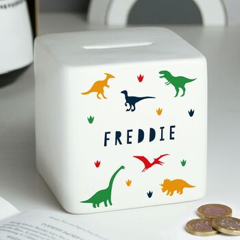 Personalised Dinosaur Ceramic Square Money Box, 2 of 2