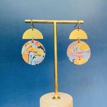 Handmade Leather Large Full Moon Dangly Earrings Marbled, 5 of 9