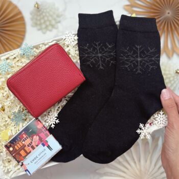 Red Purse, Festive Socks And Chocolate Christmas Gift For Her With Optional Christmas Tree Candle, 3 of 10