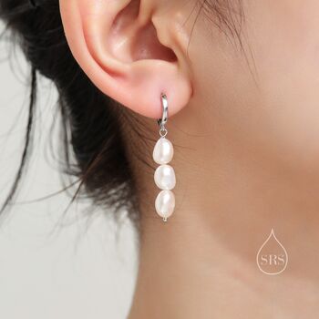 Sterling Silver Genuine Baroque Pearl Trio Huggie Hoop Earrings, 6 of 12
