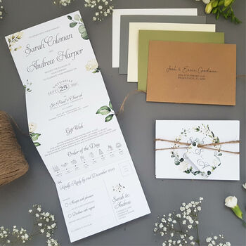 White Floral And Greenery Wedding Invitations Sample, 3 of 5