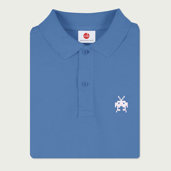 Men's Spaced Retro Gaming Theme Organic Blue Polo Shirt, 3 of 6