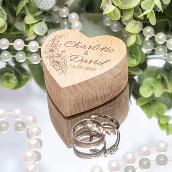 Floral Bouquet Engraved Wooden Heart Wedding Ring Box, 2 of 2