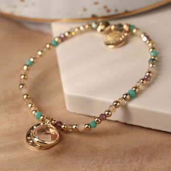 Golden And Aqua Mix Bead Bracelet With Disc And Crystal, 3 of 4