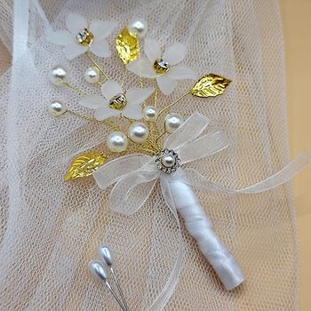 Pearl And Gold Wedding Boutonniere For Groom And Groomsmen, 2 of 11