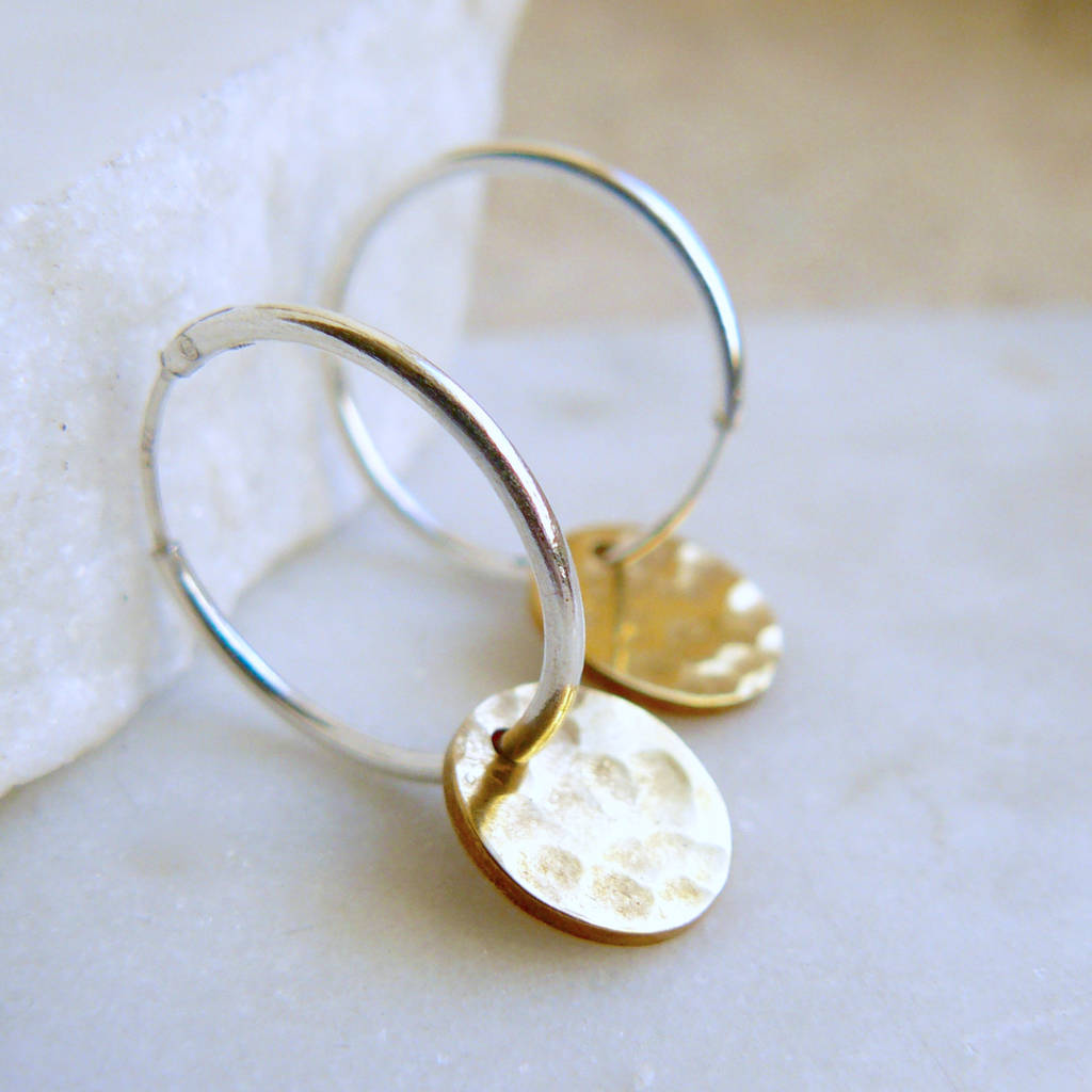Silver Hoop Earrings With Gold Hammered Discs By Lime Tree Design