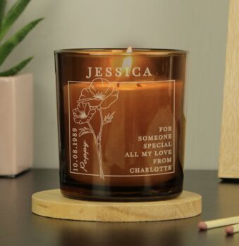 Personalised Birth Flower Amber Glass Candle, 3 of 5