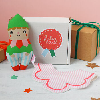 Christmas Elf Bib And Rattle Baby Gift Set, 5 of 12