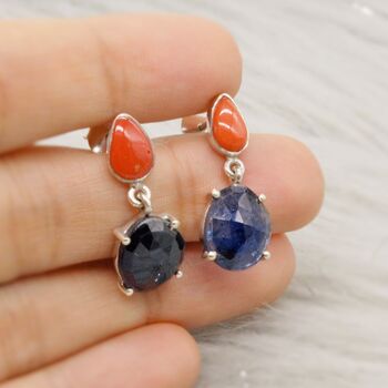 Raw Blue Sapphire, Coral Silver Earrings, 2 of 7