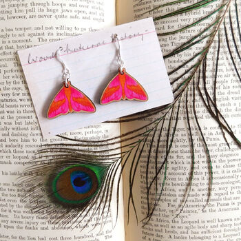 Rosy Maple Moth Wooden Earrings, 3 of 9