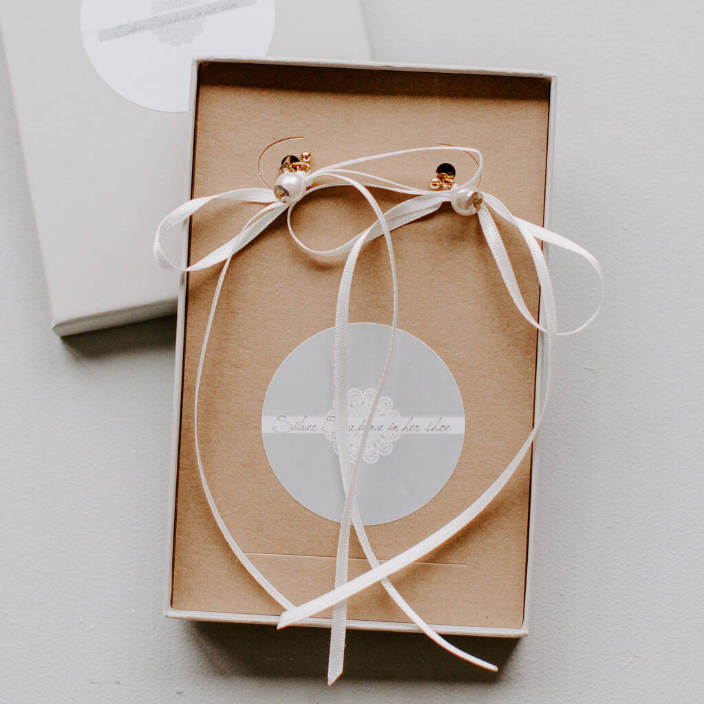 Ivory Satin Bow Vintage Pearl Stud Earrings, 1 of 6