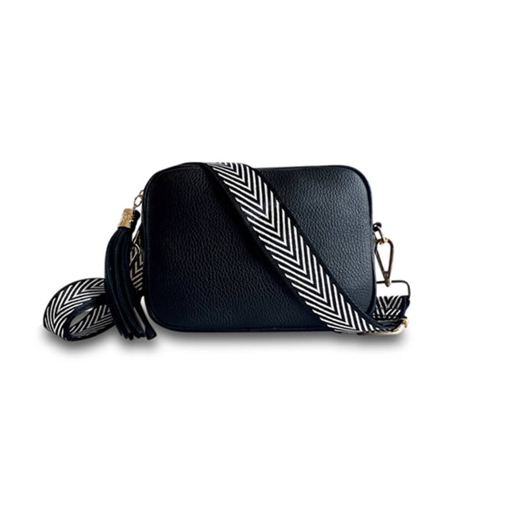 Black Leather Crossbody Bag And Silver Chevron Strap By Apatchy ...