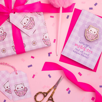 Gingham Teacup Cat Wrapping Paper With Tags, 5 of 7
