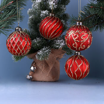 G Decor Set Of Four Hand Painted Satin Red Glass Baubles Luxury Gold Detail Christmas Tree Ornaments, 3 of 5