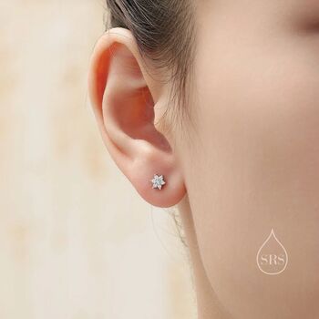 Cz Flower Screw Back Earrings In Sterling Silver, 3 of 9