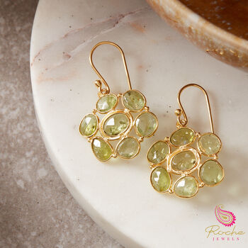 Green Peridot Cluster Circle 18k Gold Plated Hook Earrings, 3 of 8