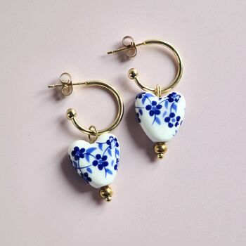 Blue And White Ceramic Heart Hoop Earrings Delftware Inspired, 2 of 4