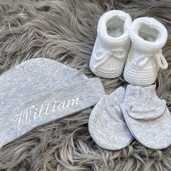 Personalised Embroidered Grey Newborn Baby Hat, 8 of 9