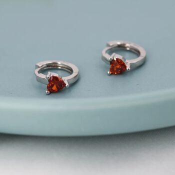 Garnet Red Heart Cz Huggie Hoop In Sterling Silver, 5 of 11