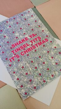 Shake Ya Tinsel Tits Christmas Card – Pink And Silver Glittery A5 – Blank Inside, 4 of 5