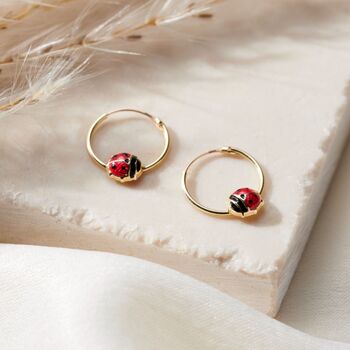 Enamel Ladybird 9ct Gold Hoop Earrings, 2 of 5