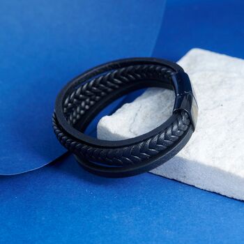 Engraved Black Leather Bracelet For Men And Women, 5 of 11